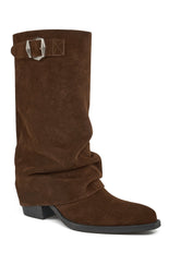 Brown suede boot with a buckle on a white background